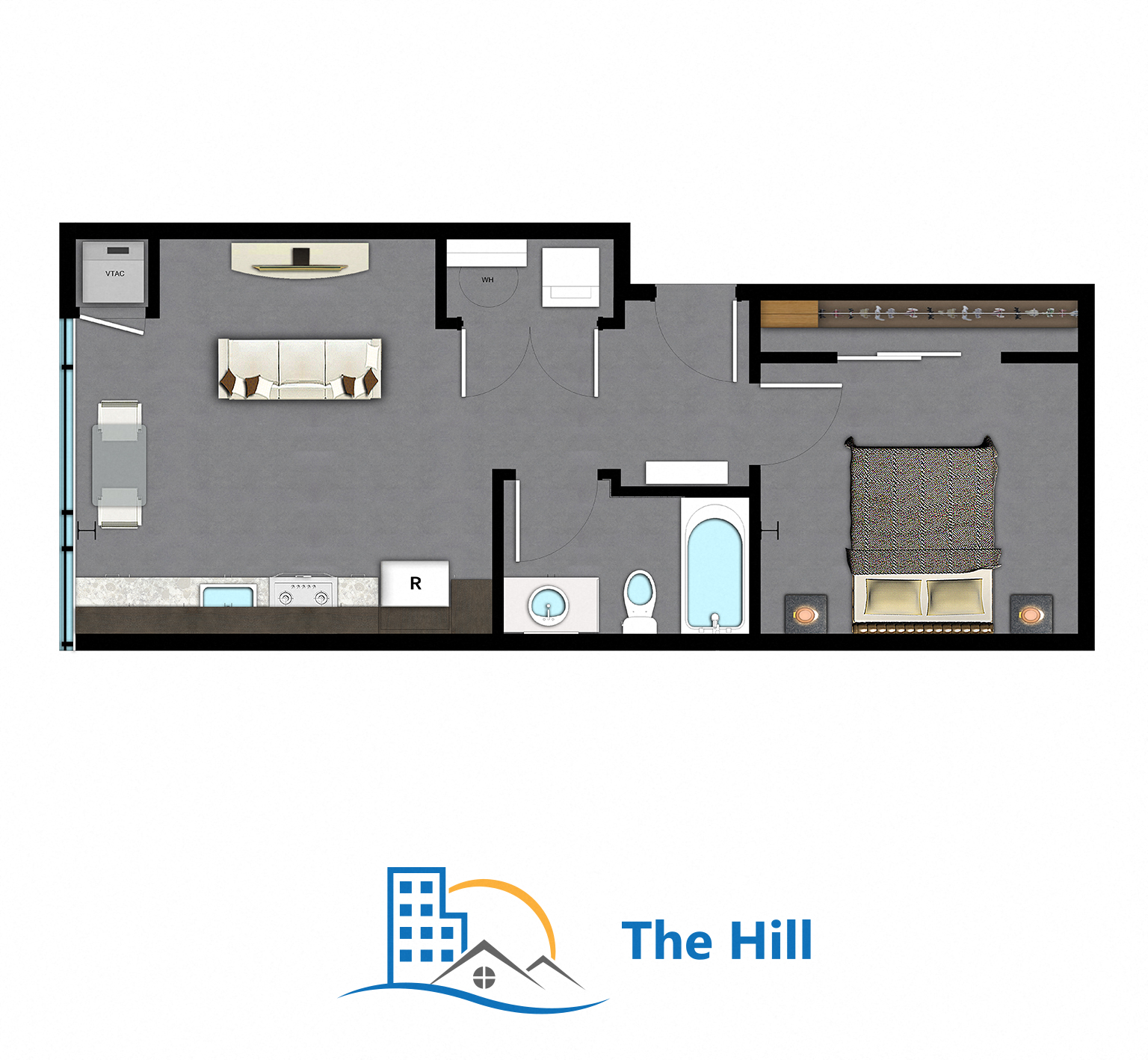 Floor plan for 1 bed, 1 bath, 495 sqft
